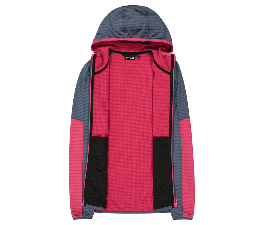 Offene Kapuzenjacke in Grau und Pink mit schwarzen Taschen.