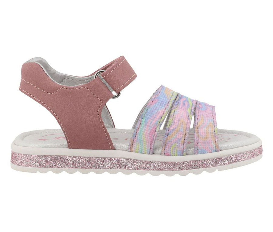 LURCHI Mädchen-Sandale »Cimbaly 2« mit rosafarbenem Klettverschluss am Knöchel, mehrfarbigen Pastell-Riemen vorne und einer weißen Sohle mit glitzerndem rosa Rand.