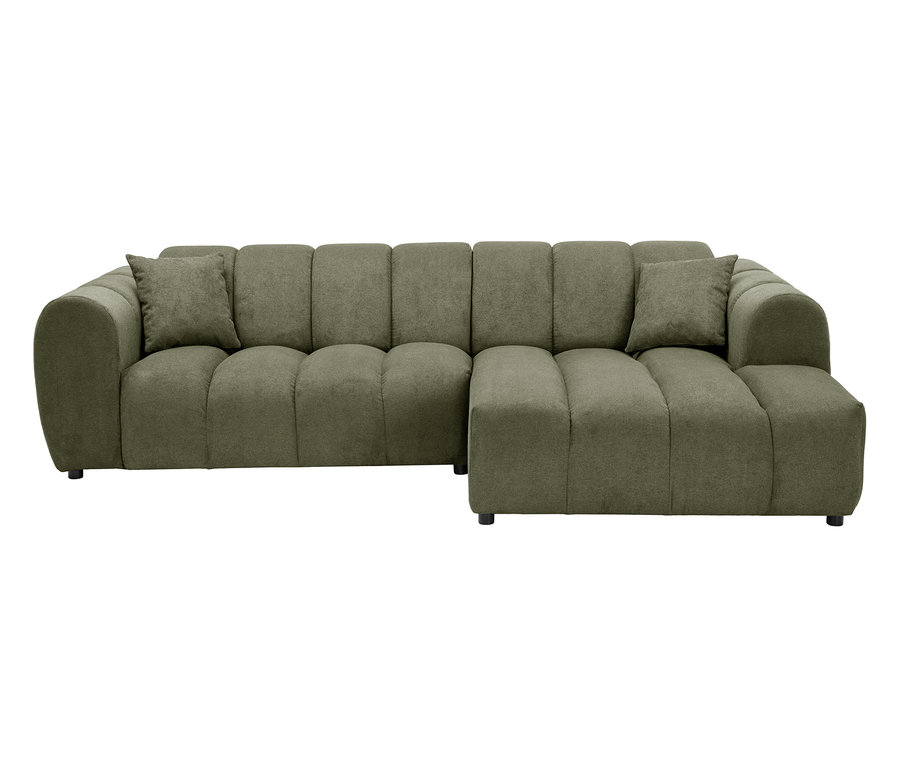 Olivgrünes modulares Ecksofa mit zwei Kissen auf weißem Hintergrund.
