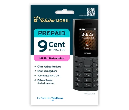Verpackung eines Tchibo Mobil Prepaid-Tarifs mit einem schwarzen Nokia-Handy. Der Tarif kostet 9 Cent pro Minute.