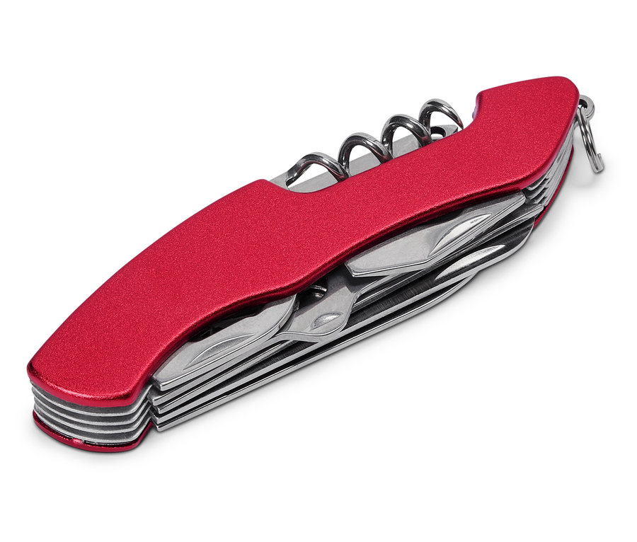 Nahaufnahme eines roten Taschenmessers mit Korkenzieher und verschiedenen Werkzeugen, die teilweise herausgezogen sind.