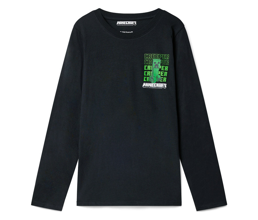 Schwarzes Langarmshirt mit dem Minecraft Creeper-Motiv auf der Brust.