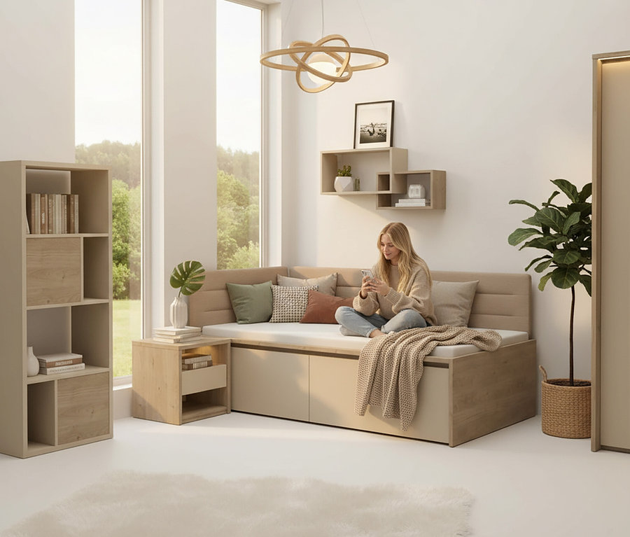 Frau sitzt auf einem beigen Bett mit Kissen und betrachtet ihr Handy. An der Wand hängt ein Roba Wandregal »Louisa«.