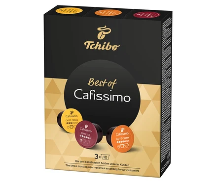 Eine Packung Cafissimo Best of Cafissimo 30 Kapseln von Tchibo ist zu sehen.