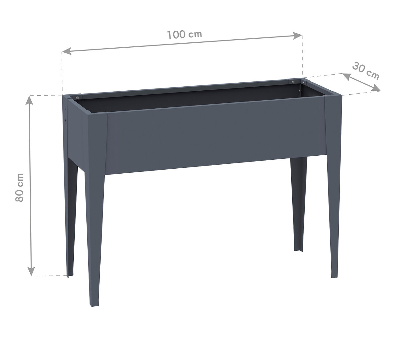 Blauer Pflanzkasten mit den Maßen 100 x 30 x 80 cm.