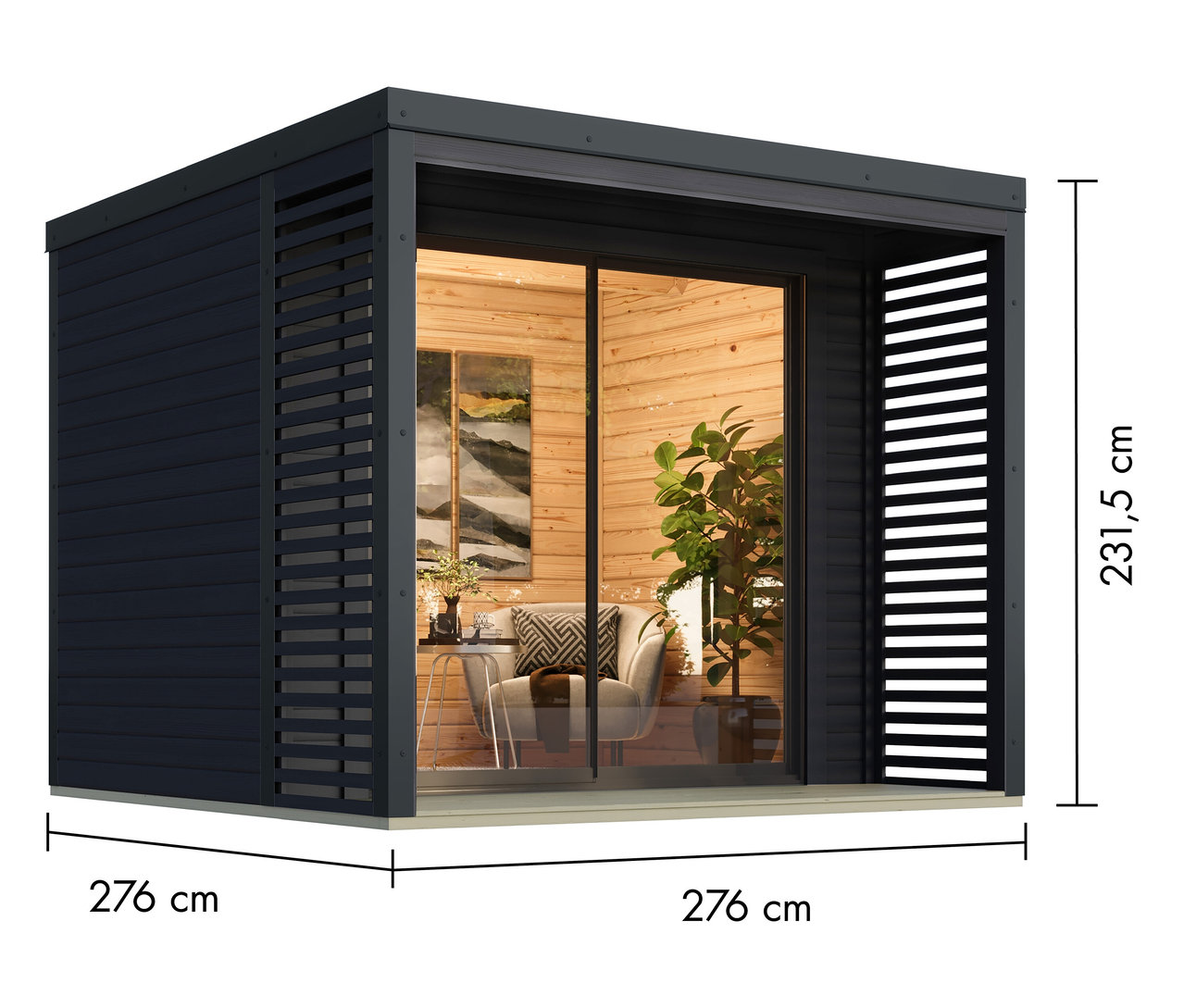 Ein schwarzes Gartenhaus mit Glasschiebetüren und den Maßen 276 x 276 x 231,5 cm.