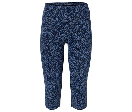Blaue, knielange Leggings mit Blumenmuster vor weißem Hintergrund.
