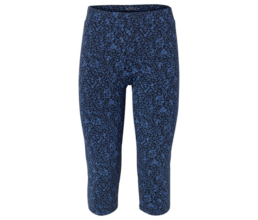 Blaue, knielange Leggings mit Blumenmuster vor weißem Hintergrund.