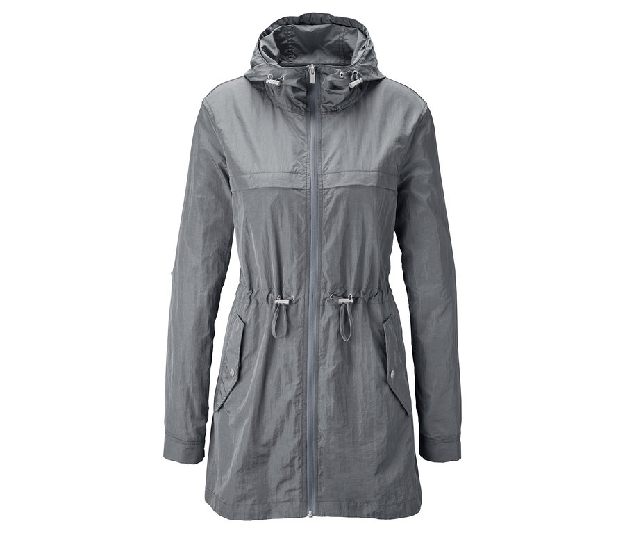 Grauer, leichter Lightweight-Parka mit Reißverschluss und Kapuze.