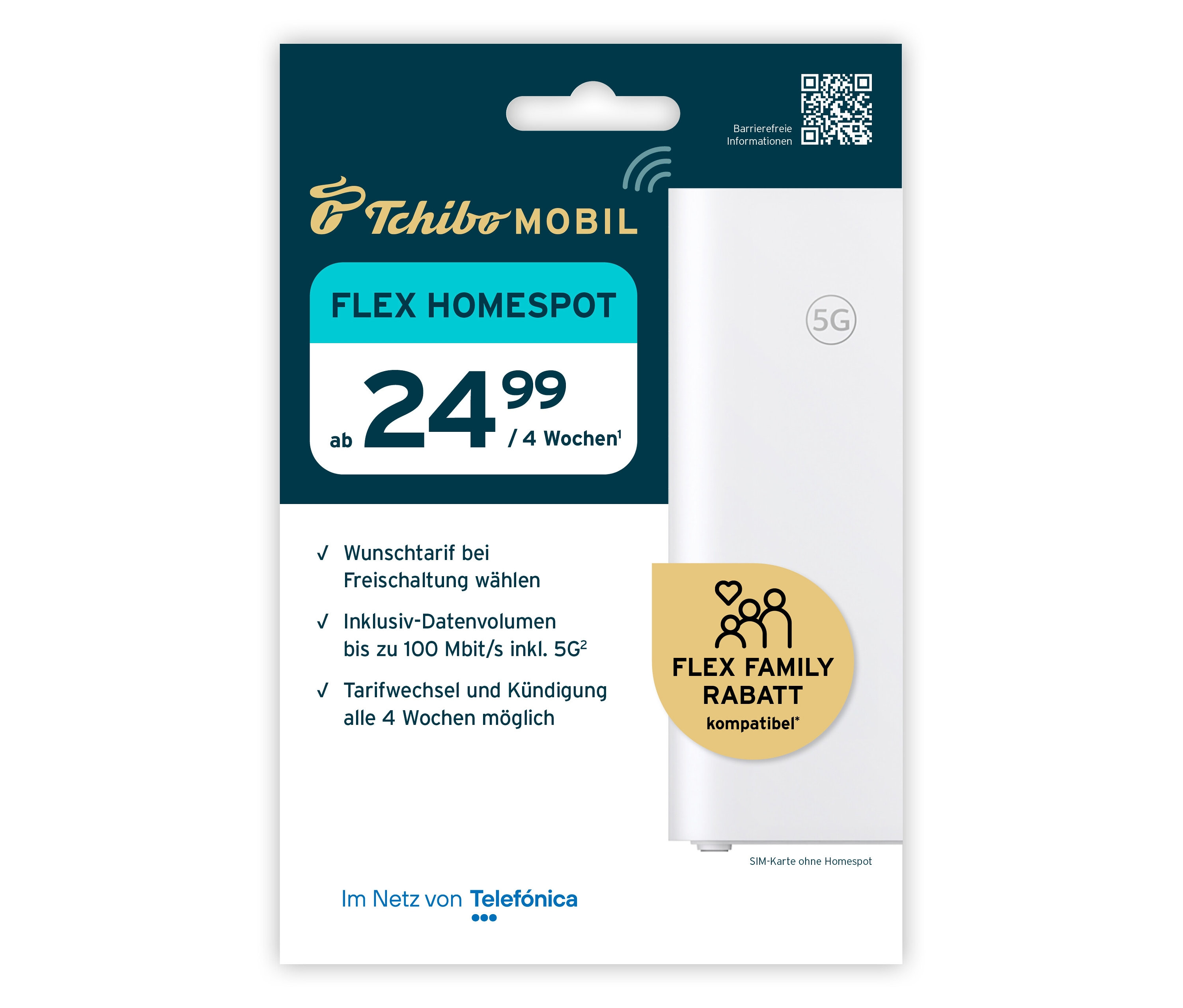 SIM-Karte für Flex Homespot-Tarif neben Tarifinformationen und 5G Homespot abgebildet.