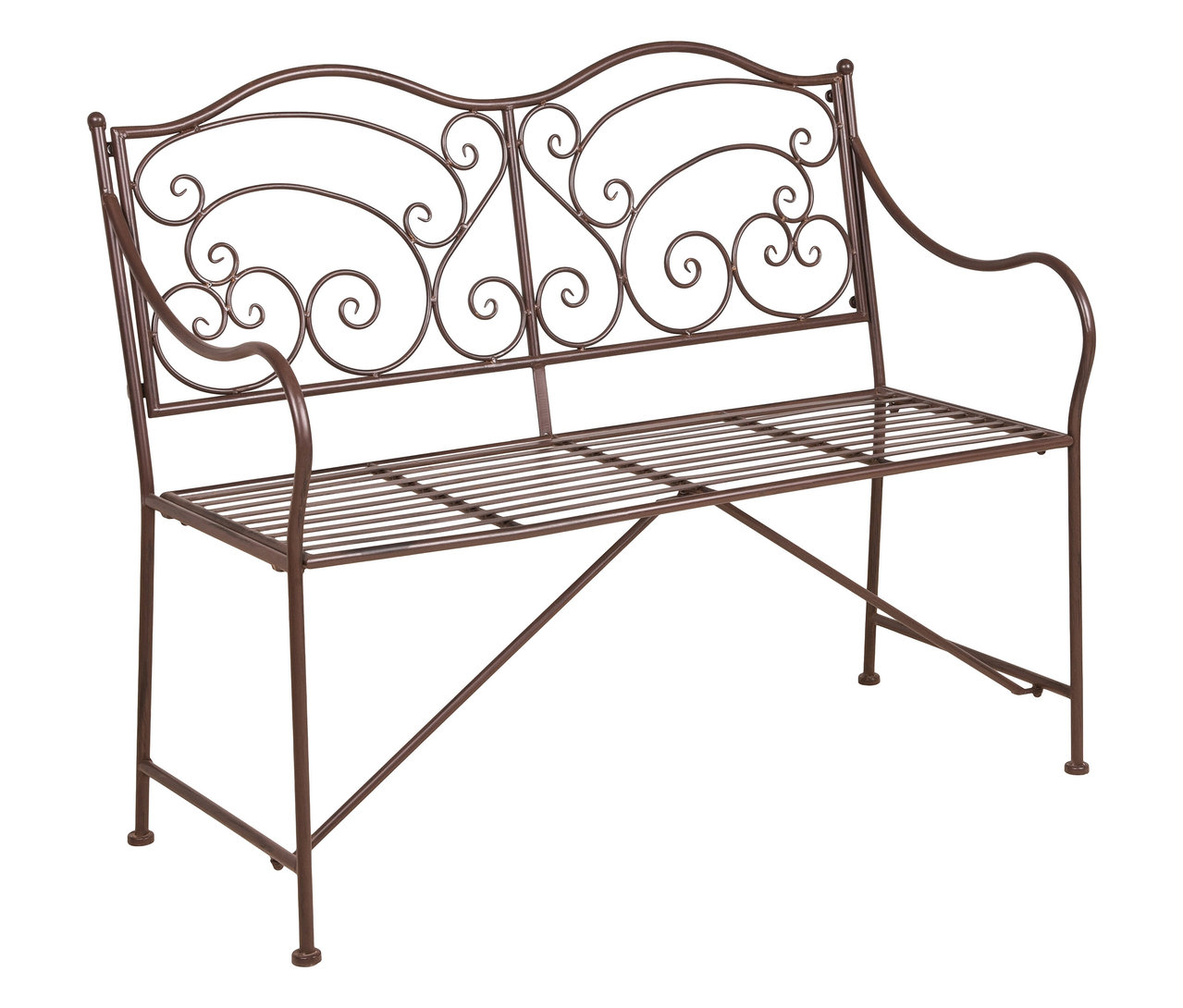 Eine braune Metallbank mit geschwungenen Verzierungen an der Rückenlehne steht auf einem weißen Hintergrund.