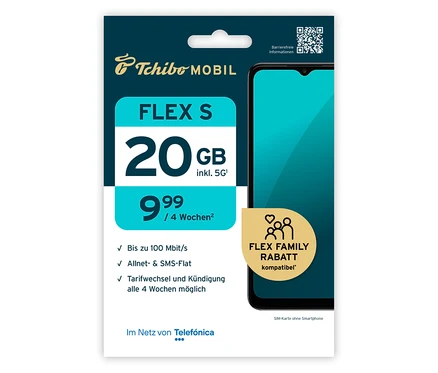 Die Tchibo Mobil FLEX S Werbung zeigt 20 GB inklusive 5G für 9,99€ pro 4 Wochen. Unten steht „Flex Family Rabatt kompatibel“.