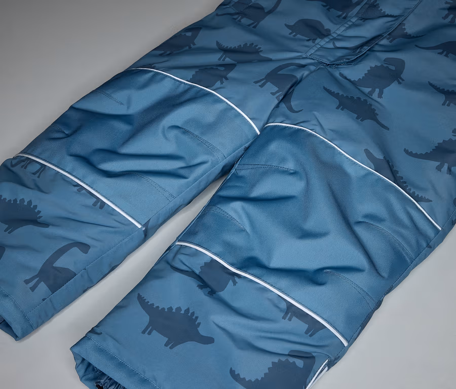 Nahaufnahme einer blauen Hose mit Dinosaurier-Muster und weißen Akzenten.