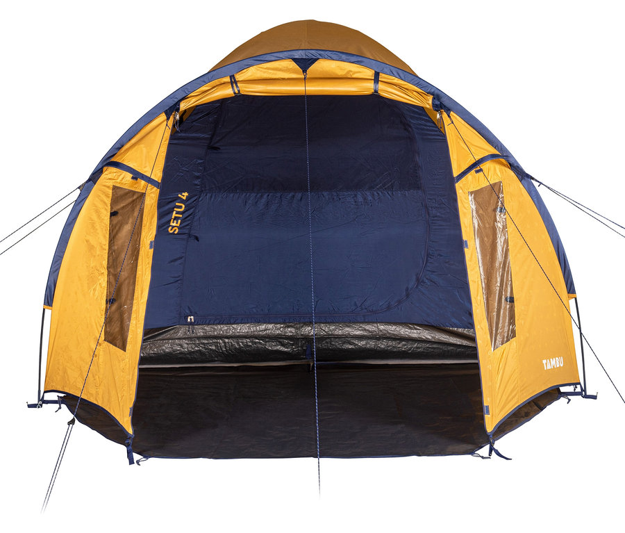 Geöffnetes Tambu »SETU 4« 4 Personen-Kuppelzelt in Gelb und Blau.