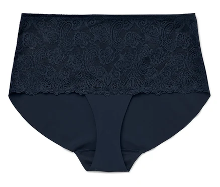 Ein marineblauer Damenslip mit hoher Taille und Spitze.