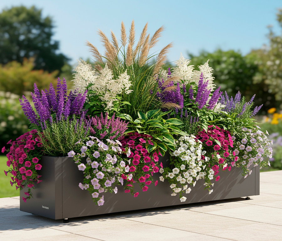 Blumenkasten mit lila, weißen und pinkfarbenen Blumen und Gräsern im Freien.
