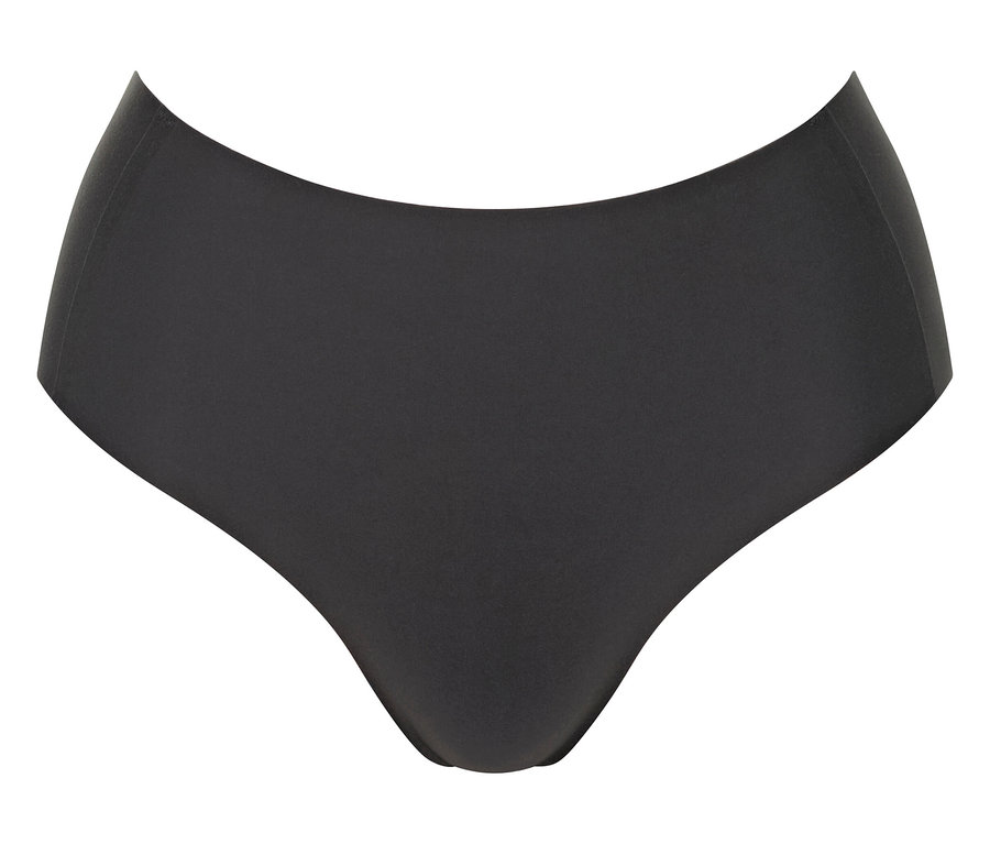Dunkelgrauer, hochgeschnittener Damenslip, der auf einem weißen Hintergrund liegt.