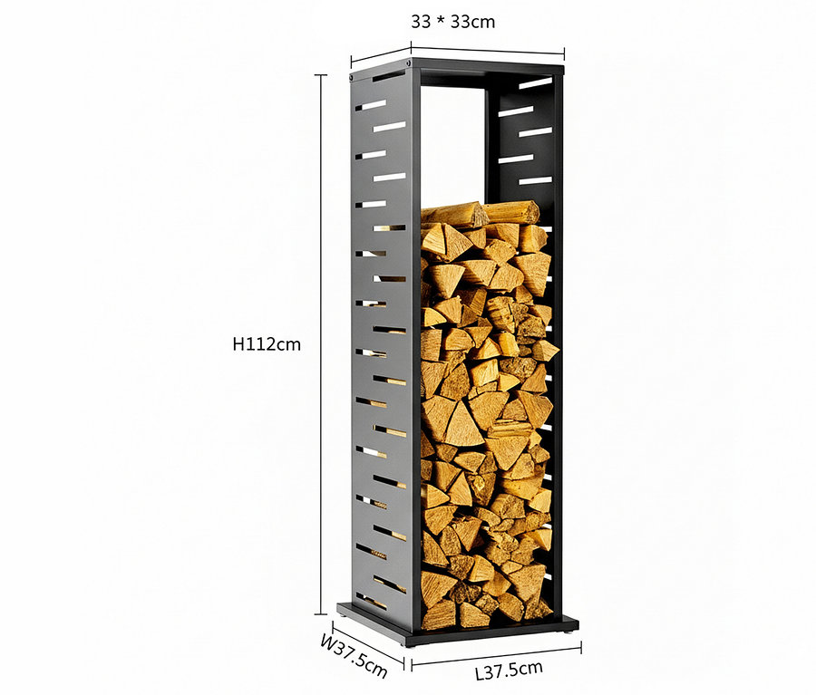 Ein graues, rechteckiges Holzregal gefüllt mit Holzscheiten.