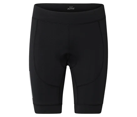 Schwarze, knielange Radhose, vorne mittig etwas gepolstert, mit reflektierendem Streifen am linken Bein.