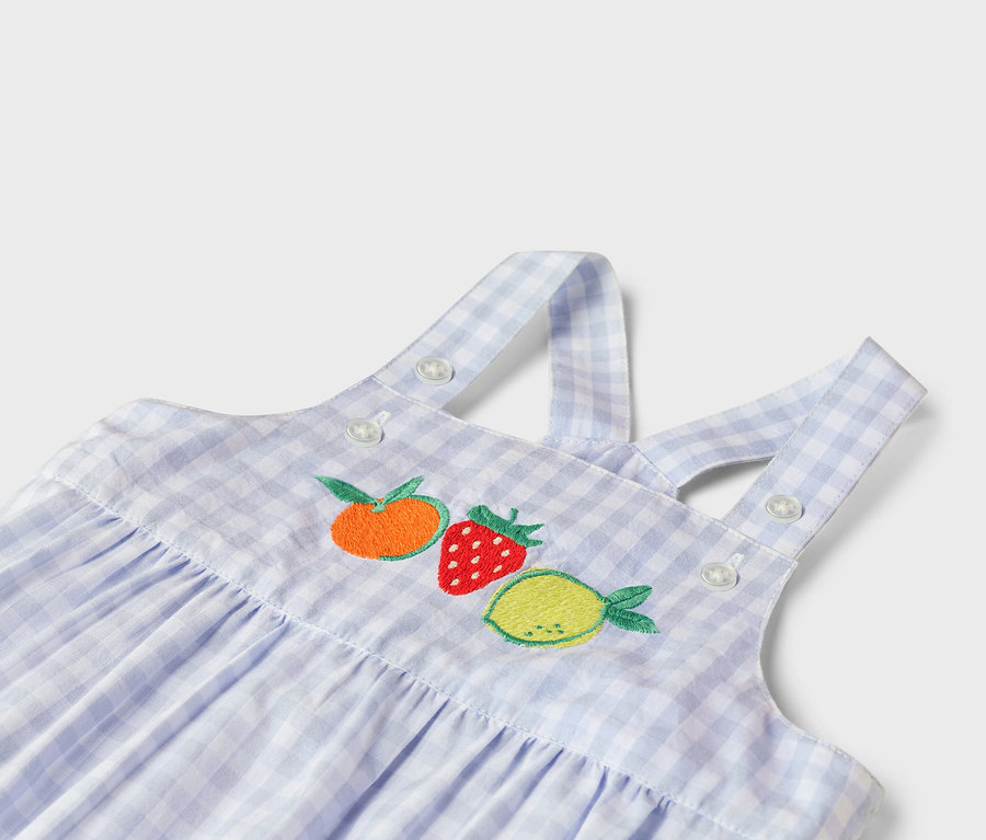 Nahaufnahme eines blau-weiß karierten Kleides mit orangefarbener, roter und gelber Fruchtstickerei.