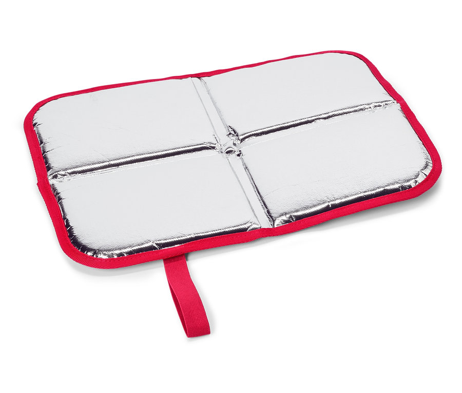 Silberne, rechteckige Picknickdecke mit rotem Rand und Tragegriff.