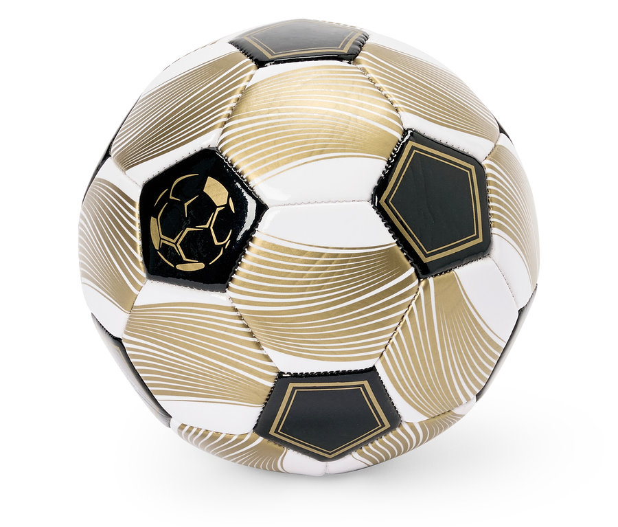 Nahaufnahme eines Fußballs mit goldenen und schwarzen Akzenten. Fußball.