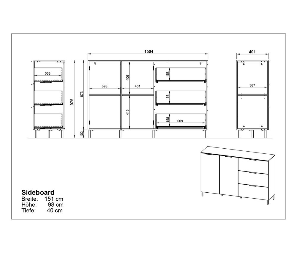 Technische Zeichnung eines Sideboards »Savoca« in Kaschmir/Eiche und Taupegrün mit Breiten-, Höhen- und Tiefenangaben.
