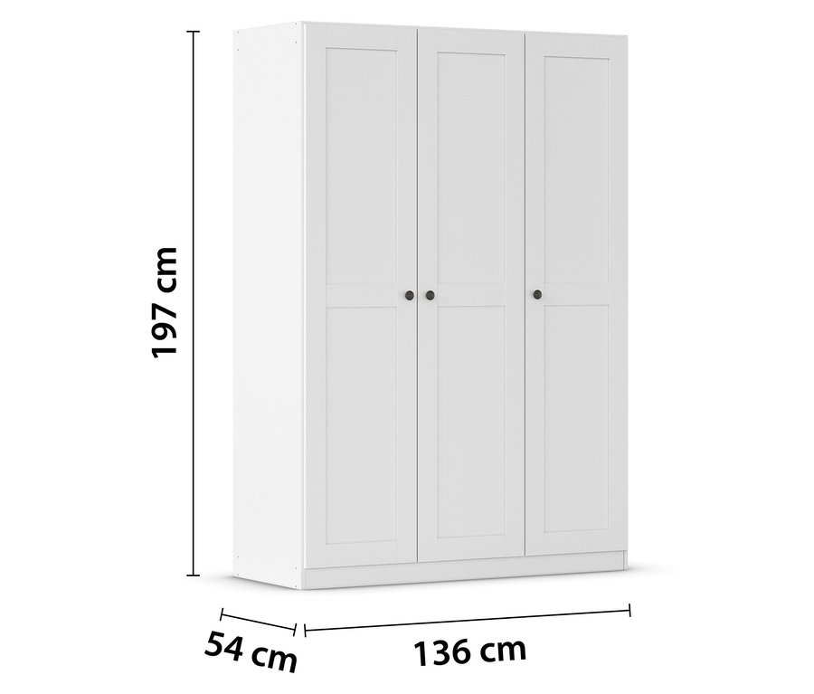 Weißer Kleiderschrank mit drei Türen, Maße 197 cm Höhe, 136 cm Breite und 54 cm Tiefe.