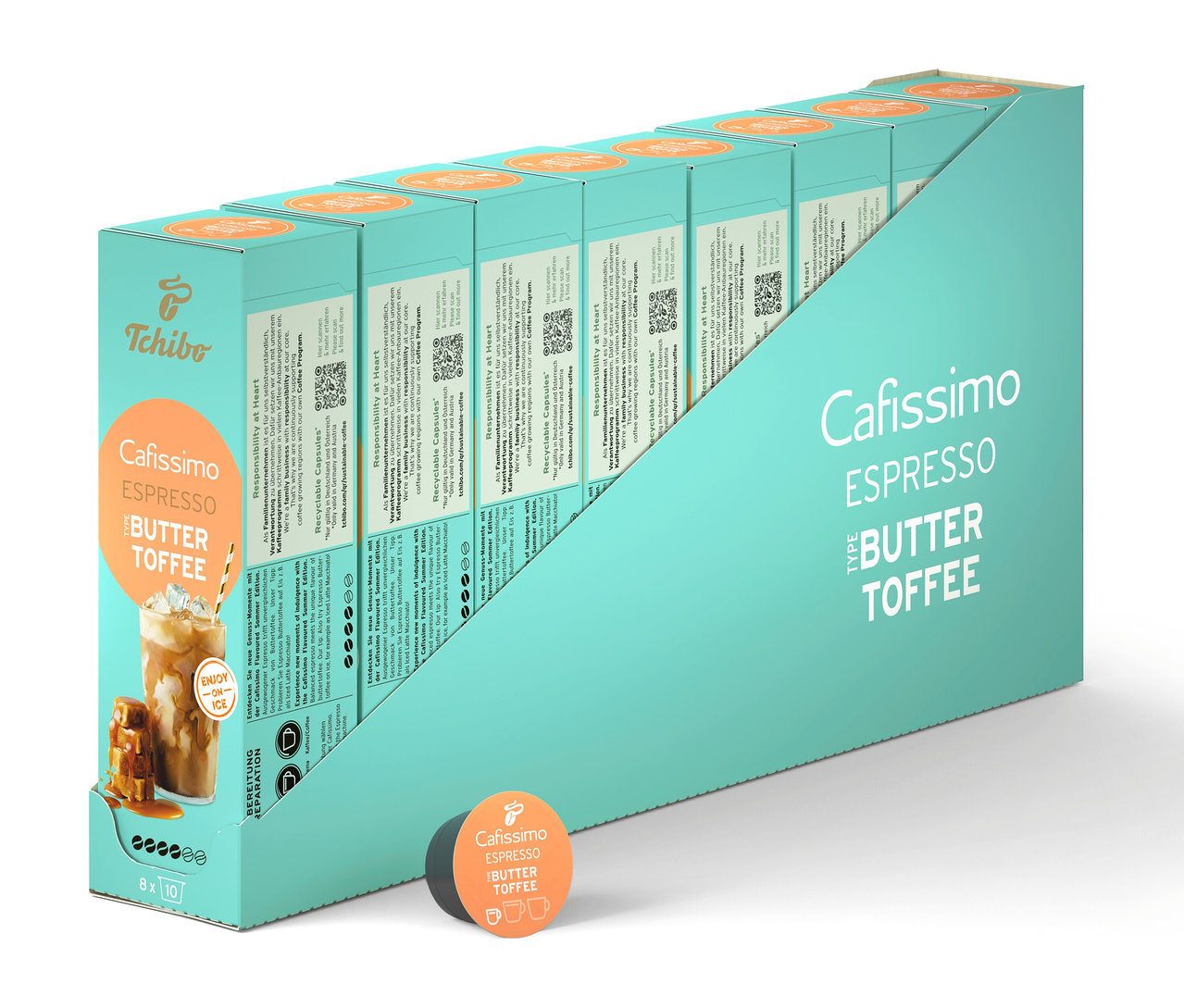 Eine Reihe Cafissimo Flavoured Espresso - Buttertoffee 80 Kapseln Packungen in einer türkisfarbenen Verpackung.