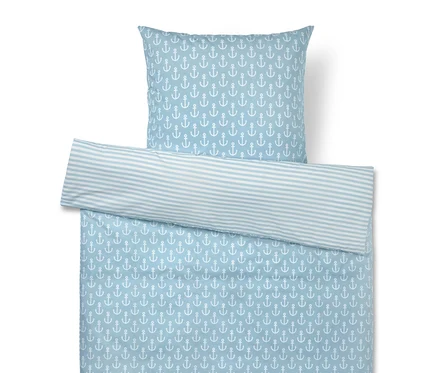 Bettwäsche-Set mit Anker- und Streifenmuster in Blau und Weiß, bestehend aus einem Kissenbezug und einem Bettbezug.
