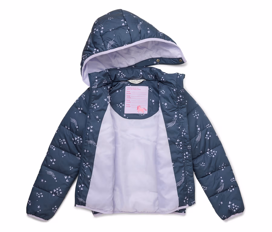 Offene, marineblaue, gesteppte Jacke mit Kapuze und Lavendelfutter, verziert mit Sternschnuppen und Sternen.