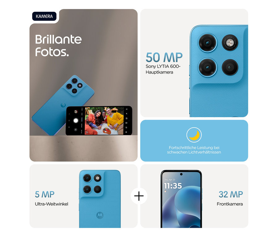 Das blaue Motorola moto g17 LTE mit 128GB in Alaskan Blue zeigt Kamerafunktionen und ein Foto von drei Personen.