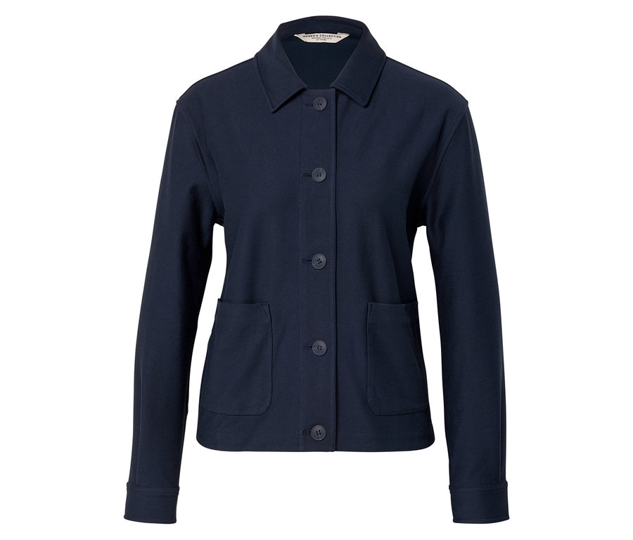 Marineblaue Jacke mit Knöpfen und Taschen.