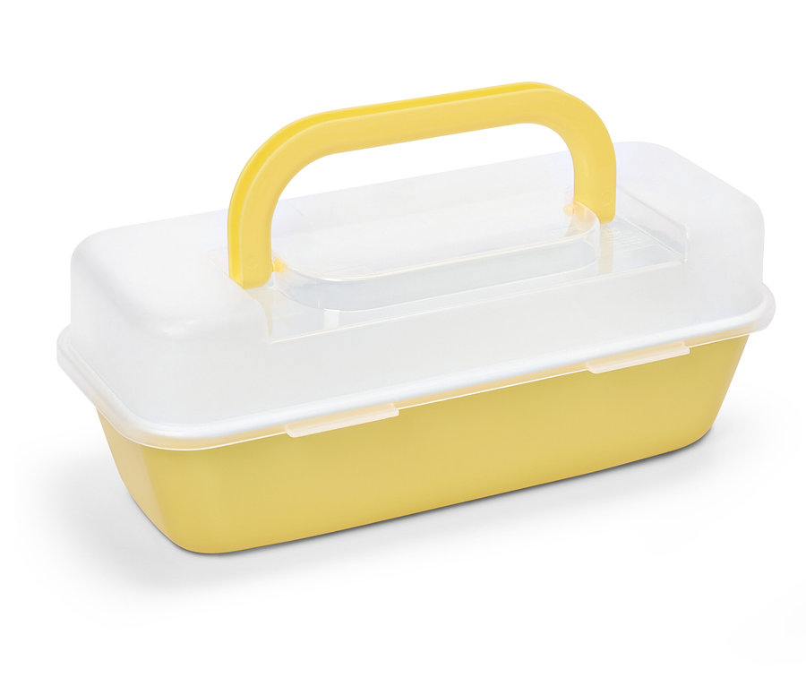 Gelber Organizer-Behälter mit transparentem Deckel und gelbem Griff.