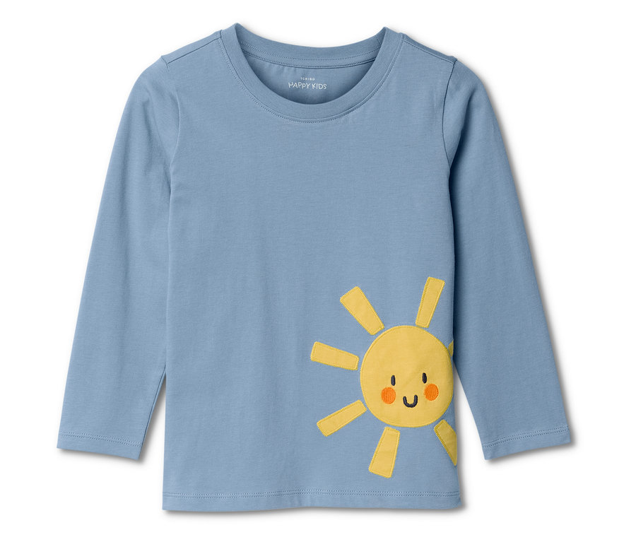 Blaues Langarmshirt mit gelbem Sonne-Applikation.