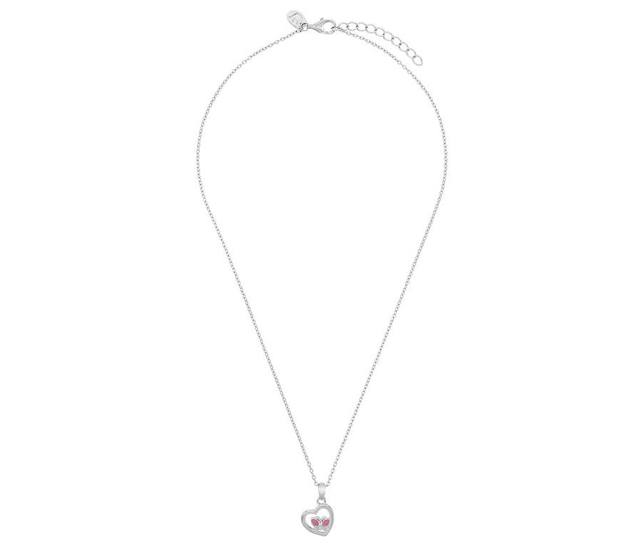 Silberne Halskette mit herzförmigem Anhänger mit rosa Details.