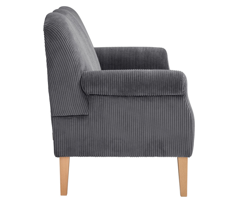 Seitenansicht eines grauen Cordsofas mit Holzbeinen.