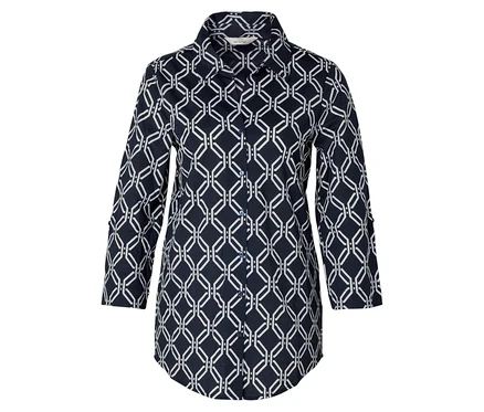 Piqué-Jerseybluse mit dunkelblau-weißem Alloverprint.