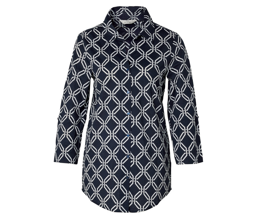 Piqué-Jerseybluse mit dunkelblau-weißem Alloverprint.