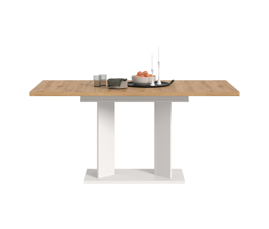 xonox Esstisch Victor, 160 cm, mit heller Holzplatte und weißem Sockel, darauf Geschirr, Gläser und eine Schale mit Früchten.