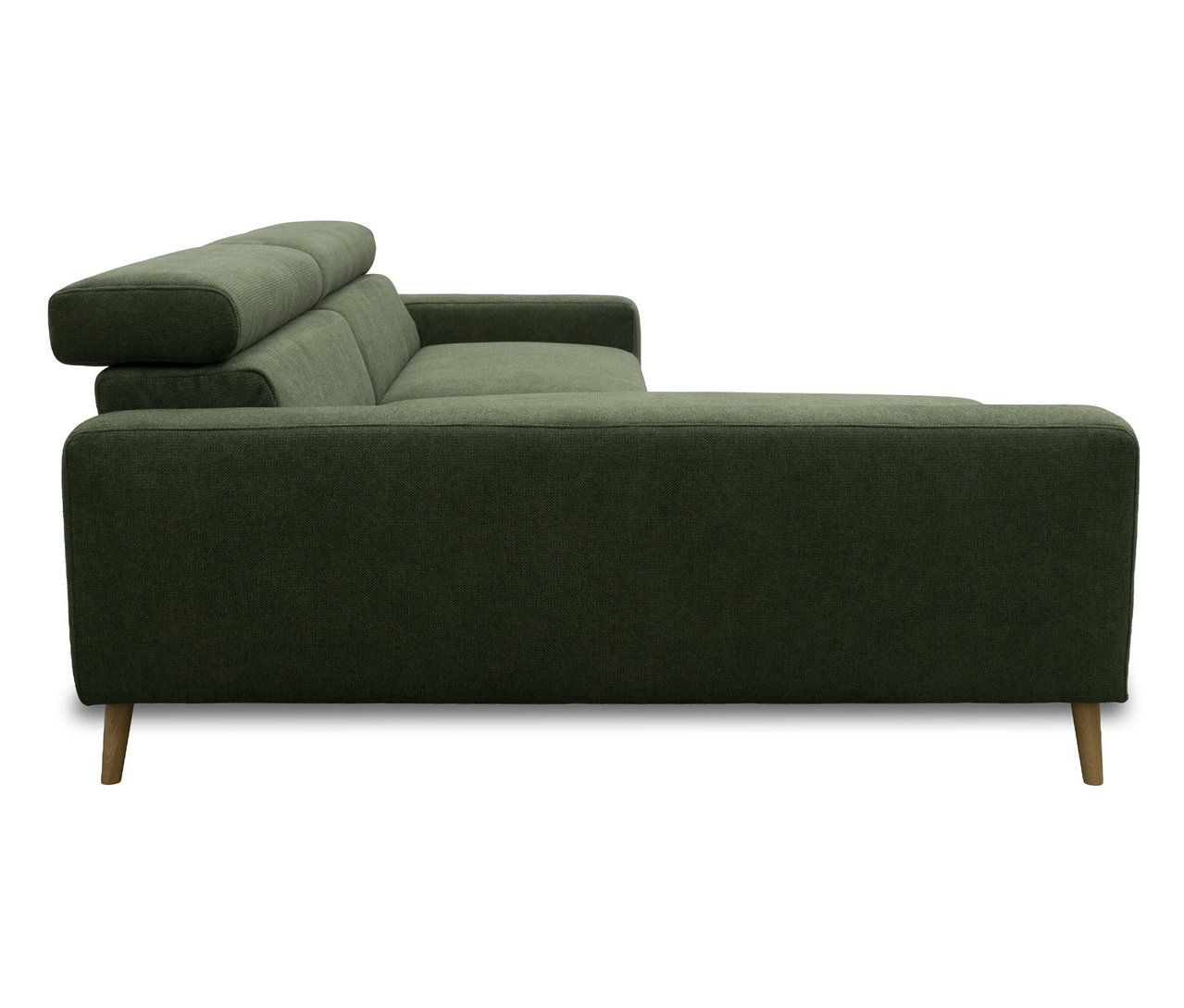 Grünes DOMO Sofa »Malmö« mit Longchair links, Kopfteilverstellung und Holzfüßen.