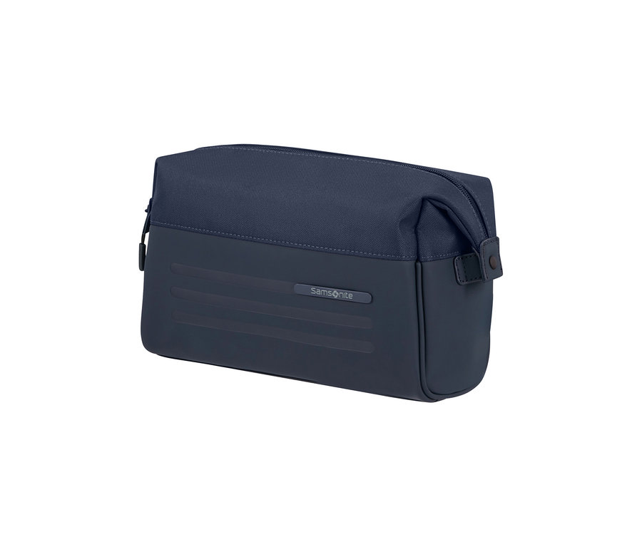 Dunkelblaue Samsonite STACKD Toilet Kit Pouch mit Reißverschluss und zwei Materialtexturen.