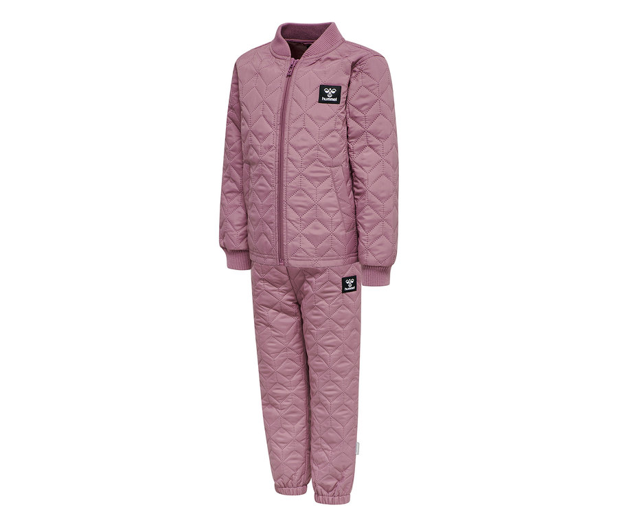 Rosa gestepptes hummel® HMLSOBI Thermo-Set mit Jacke und Hose, beide mit Rautenmuster und Rippbündchen.