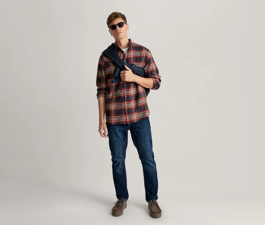 Mann steht in einem rot-schwarz-beigen Karoshirt, dunklen Jeans und braunen Schuhen, mit einer dunkelblauen Strickjacke über der Schulter und Sonnenbrille.