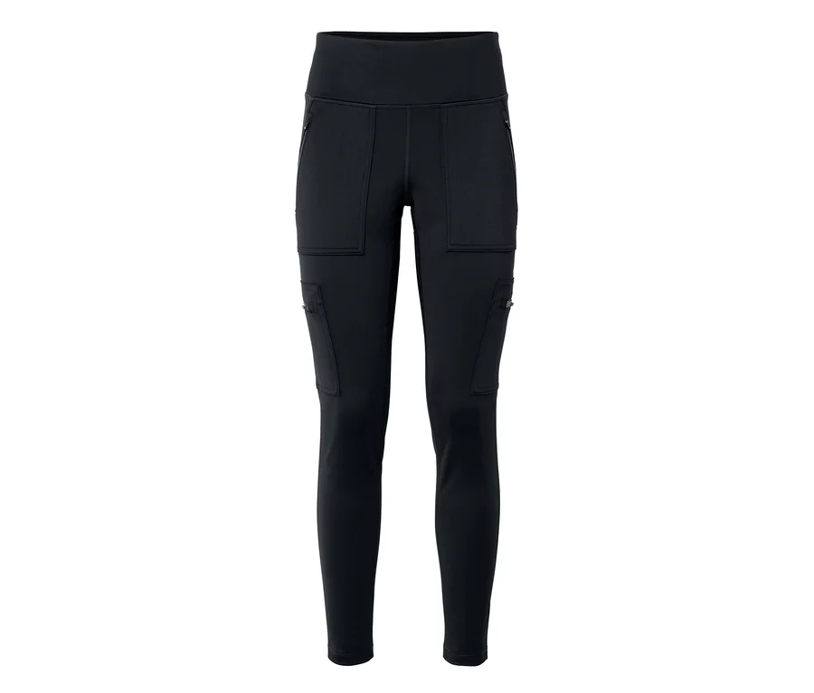 Schwarze Leggings mit Reißverschlusstaschen und Cargotaschen.