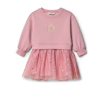 Rosa Kleid mit langärmeligem Oberteil und Tüllrock mit goldenen Sternen. Das Oberteil hat einen goldenen Sternenaufdruck.