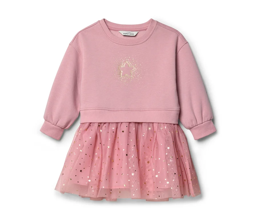 Rosa Kleid mit langärmeligem Oberteil und Tüllrock mit goldenen Sternen. Das Oberteil hat einen goldenen Sternenaufdruck.