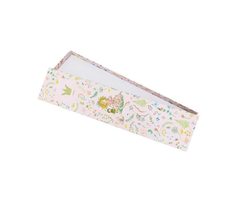 Offene, hellrosa, rechteckige Geschenkbox mit Blumen- und Feenillustration, die ein blondes Mädchen, eine Biene, Schmetterlinge und eine goldene Krone mit dem Text „amour“ zeigt.