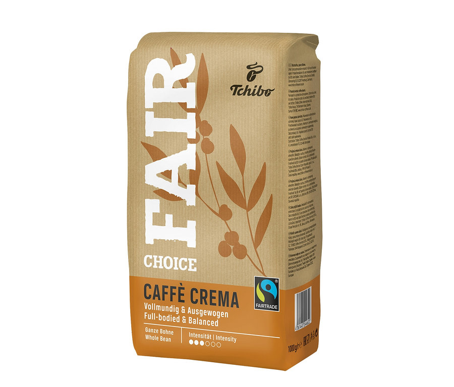 Eine Packung Fair Choice Caffè Crema - 1 kg Ganze Bohne. Die Packung ist braun und trägt die Aufschrift Fair Choice und das Fairtrade-Logo.