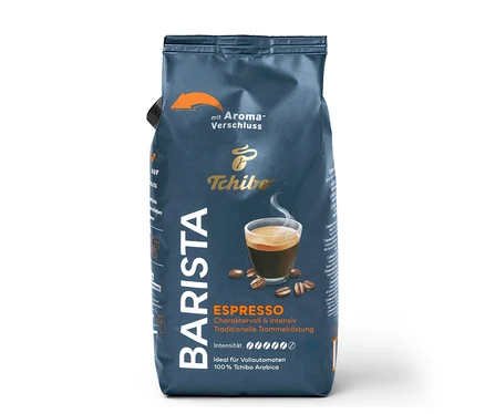 Eine Packung Tchibo Barista Espresso Kaffee. Auf der Packung befindet sich eine Tasse Espresso und der Text "ESPRESSO".